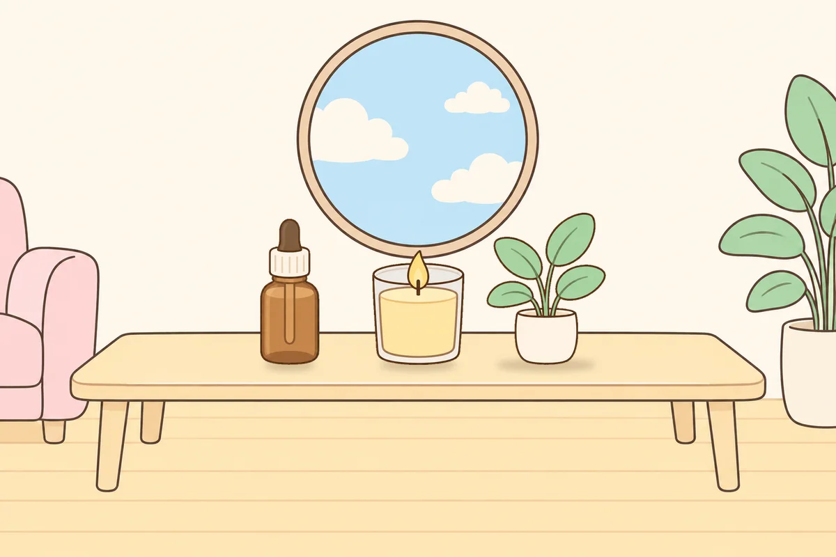 인천 부평 여성전용 림프 페이셜 안내 그림, 거실 원목 테이블 위의 오일병, 향초, 화분