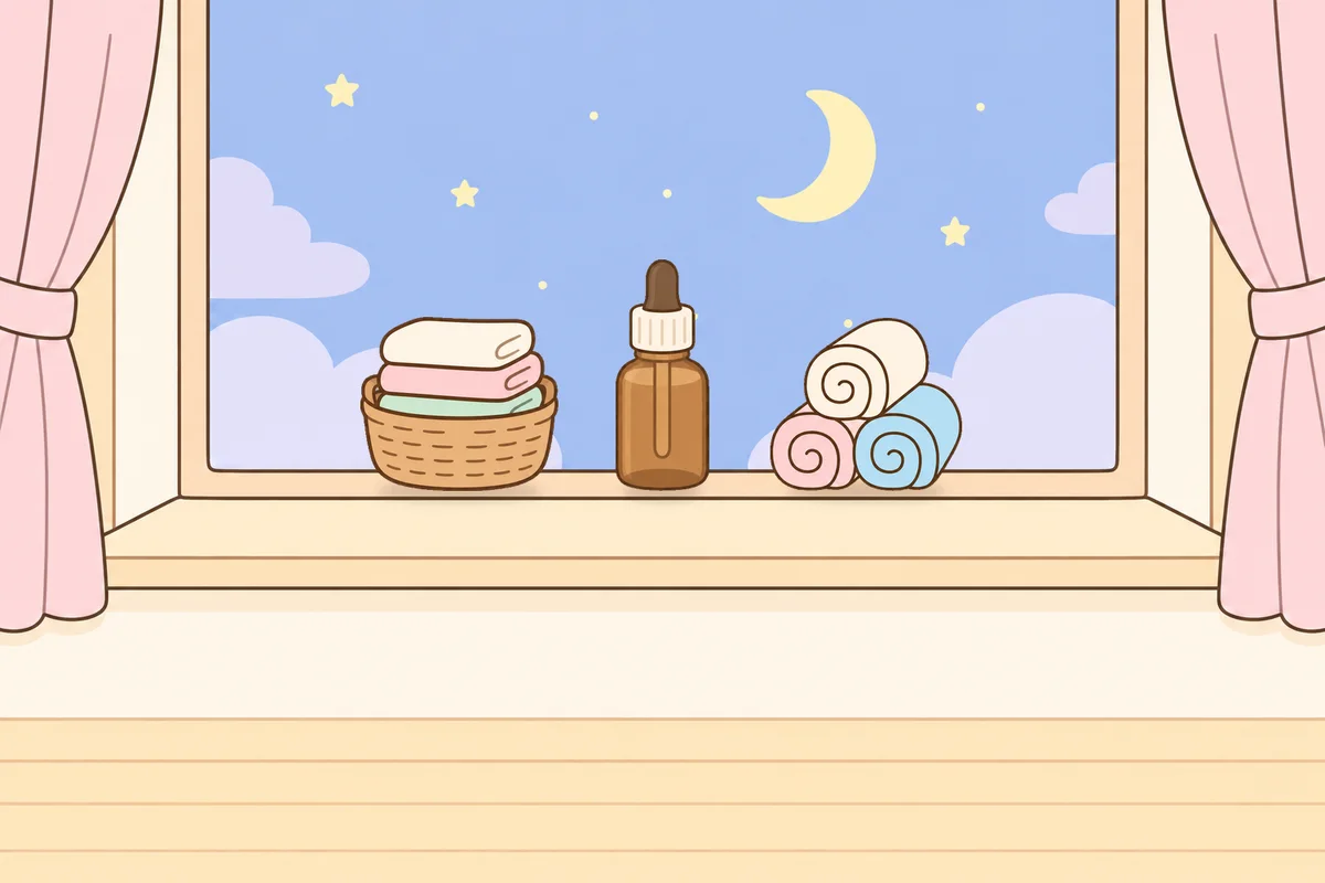 인천 부평 여성전용 피부 관리 안내 그림, 밤 창가 창턱 위의 수건 바구니, 오일병, 수건