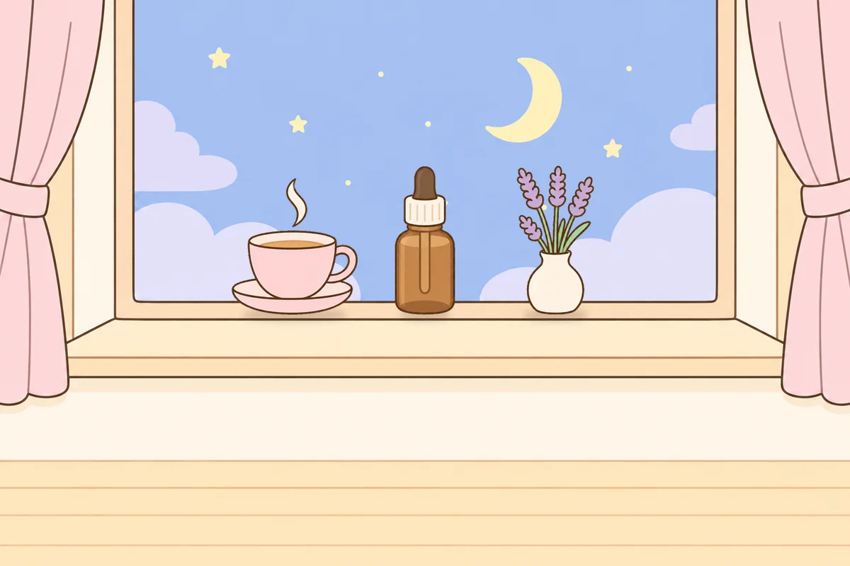 인천 부평 여성전용 출장 마사지 안내 그림, 밤 창가 창턱 위의 찻잔, 오일병, 라벤더 꽃병