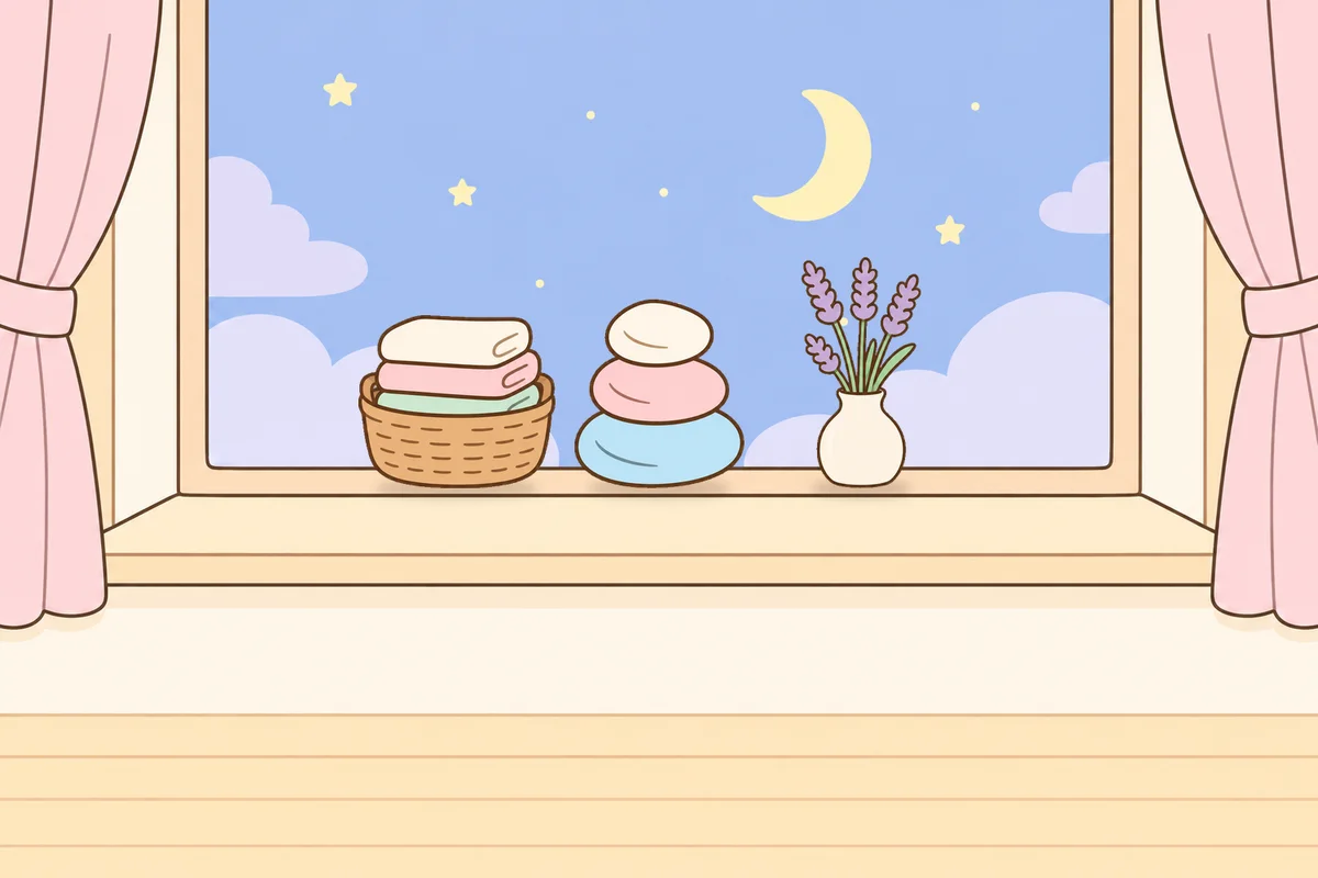 인천 계양구 여성전용 아로마 가격 안내 그림, 밤 창가 창턱 위의 수건 바구니, 조약돌, 라벤더 꽃병