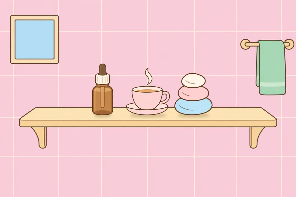 인천 계양구 여성전용 스웨디시 추천 안내 그림, 파우더룸 선반 위의 오일병, 찻잔, 조약돌