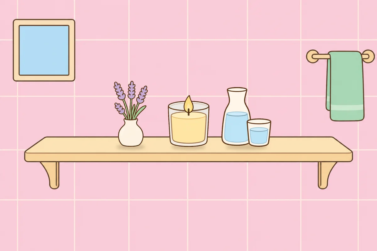 인천 계양구 여성전용 경락 케어 안내 그림, 파우더룸 선반 위의 라벤더 꽃병, 향초, 물병