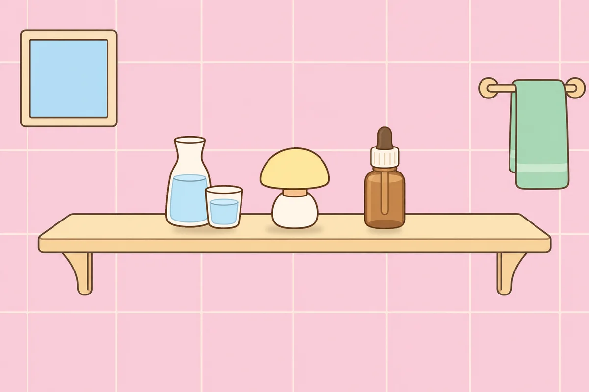 인천 계양구 여성전용 경락마사지 후기 안내 그림, 파우더룸 선반 위의 물병, 무드등, 오일병