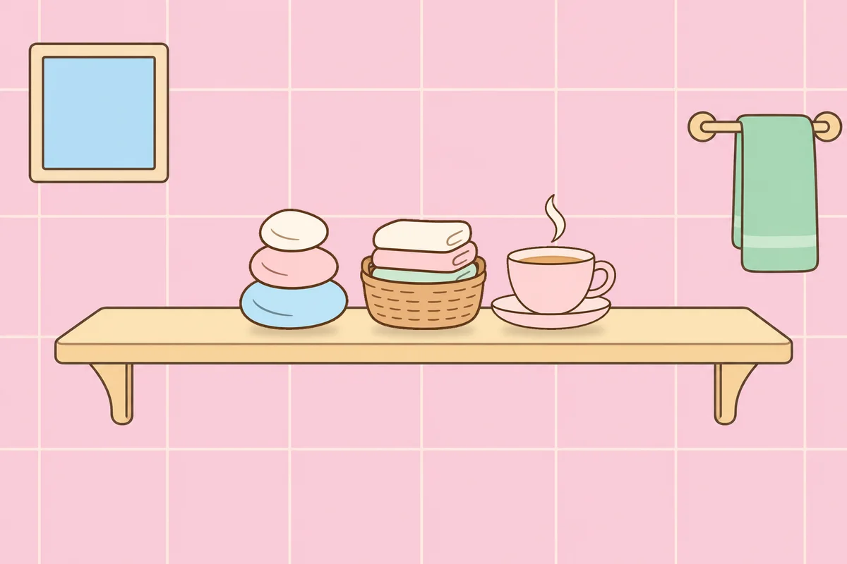 인천 계양구 여성전용 바디 케어 안내 그림, 파우더룸 선반 위의 조약돌, 수건 바구니, 찻잔