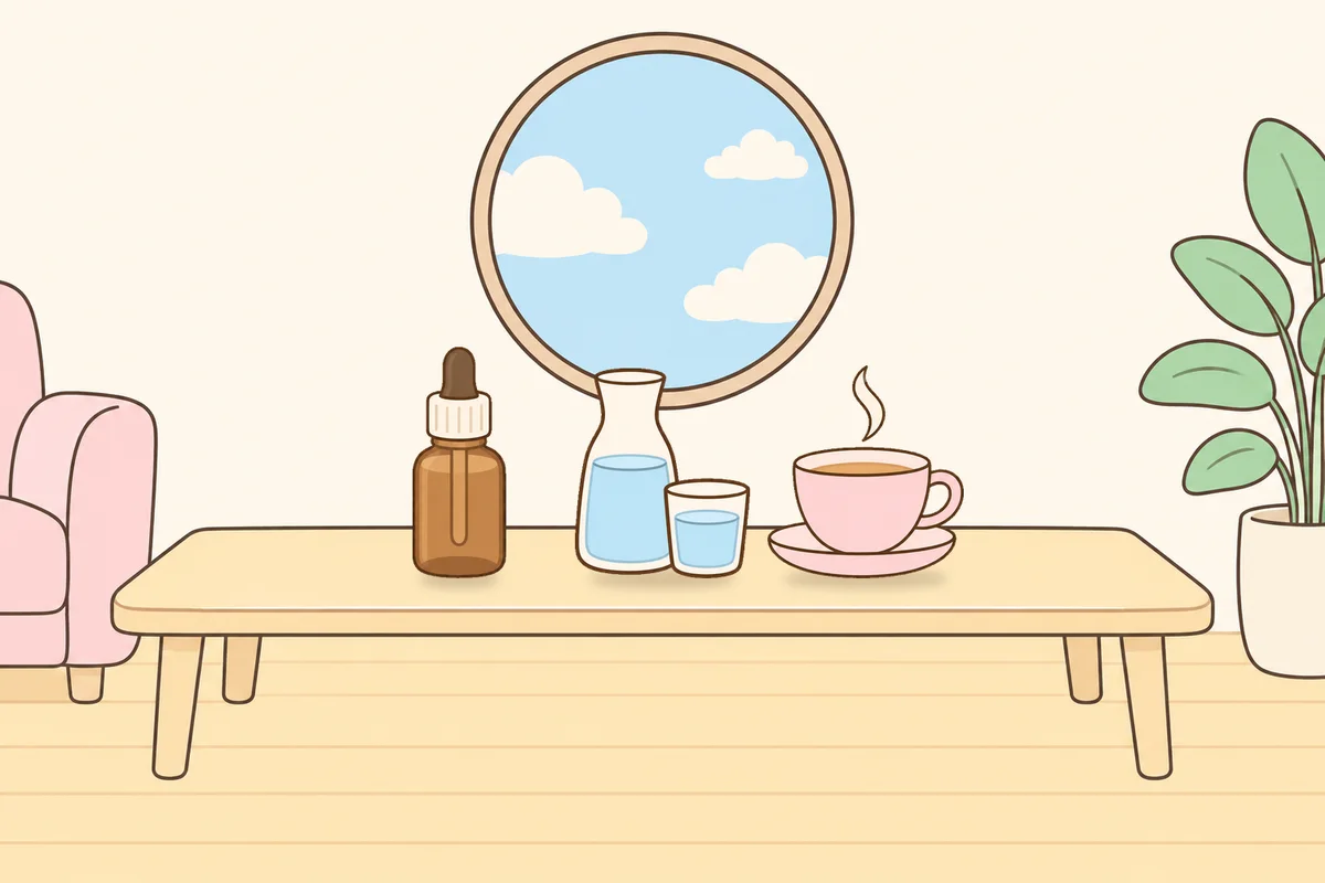 인천 계양구 여성전용 등 마사지 안내 그림, 거실 원목 테이블 위의 오일병, 물병, 찻잔