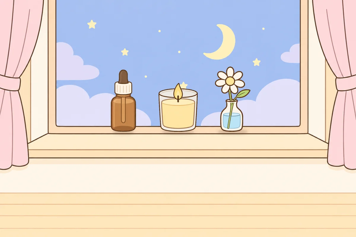 인천 서구 여성전용 스웨디시 홈케어 안내 그림, 밤 창가 창턱 위의 오일병, 향초, 데이지 꽃병
