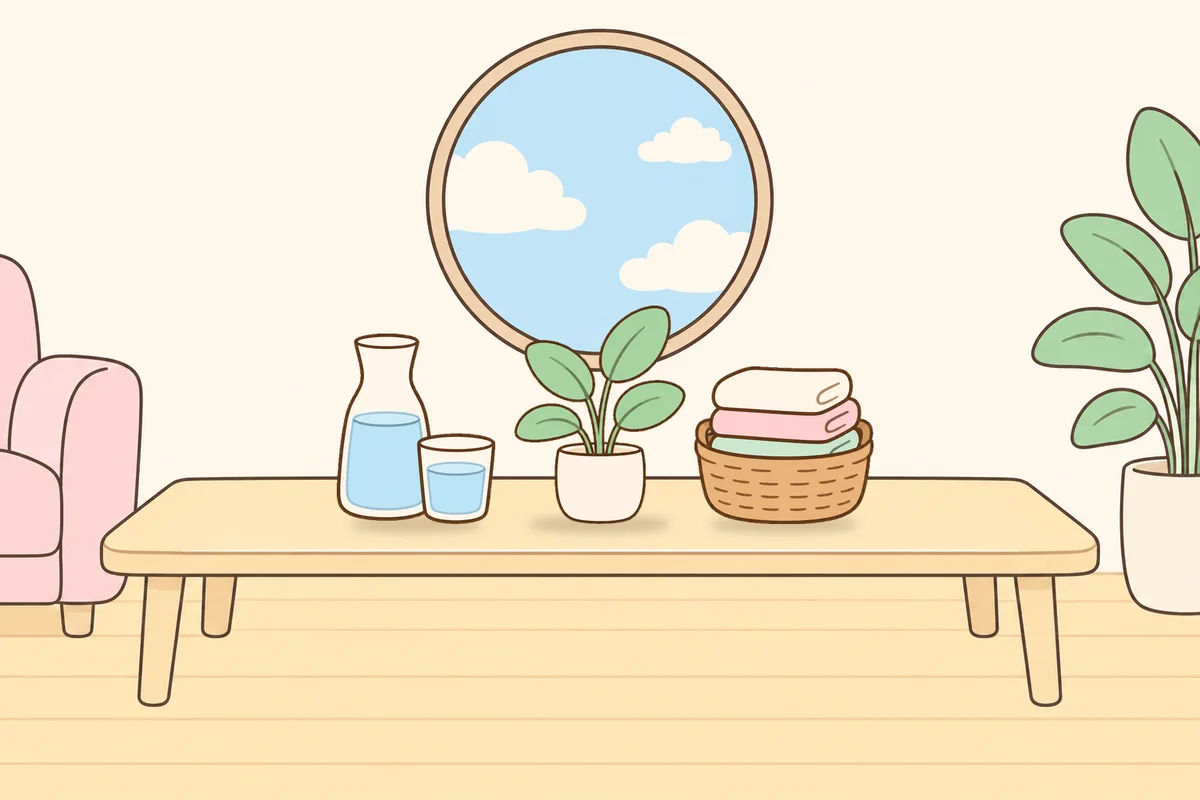 인천 서구 여성전용 홈케어 안내 그림, 거실 원목 테이블 위의 물병, 화분, 수건 바구니
