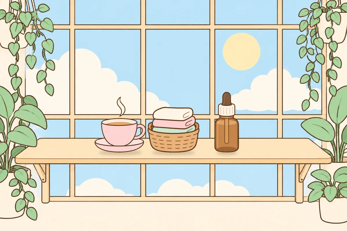 인천 서구 여성전용 프라이빗 케어 안내 그림, 햇살 드는 창가 선반 위의 찻잔, 수건 바구니, 오일병
