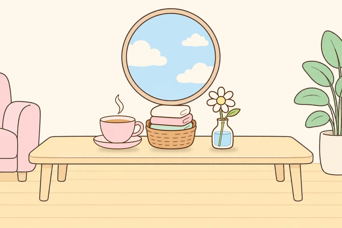 인천 서구 여성전용 목 어깨 케어 안내 그림, 거실 원목 테이블 위의 찻잔, 수건 바구니, 데이지 꽃병