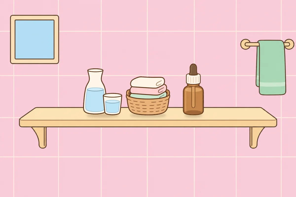 강화군 여성전용 아로마테라피 안내 그림, 파우더룸 선반 위의 물병, 수건 바구니, 오일병
