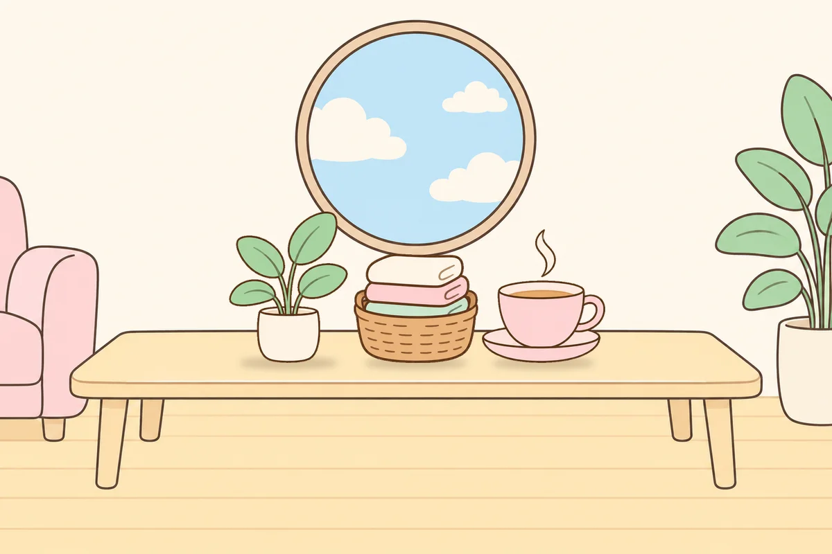 강화군 여성전용 아로마 추천 안내 그림, 거실 원목 테이블 위의 화분, 수건 바구니, 찻잔