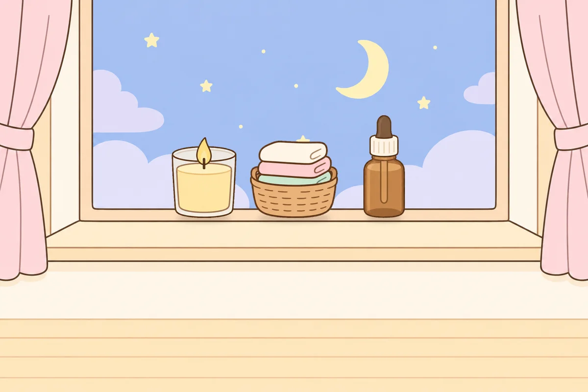 강화군 여성전용 경락 마사지 안내 그림, 밤 창가 창턱 위의 향초, 수건 바구니, 오일병