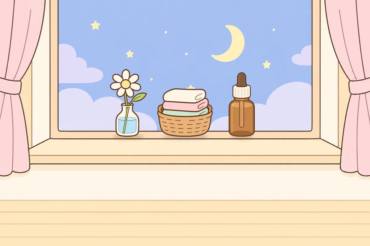 강화군 여성전용 방문 홈케어 안내 그림, 밤 창가 창턱 위의 데이지 꽃병, 수건 바구니, 오일병