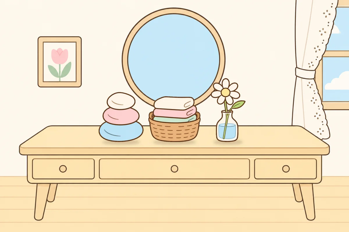 강화군 여성전용 홈케어 후기 안내 그림, 화장대 위의 조약돌, 수건 바구니, 데이지 꽃병