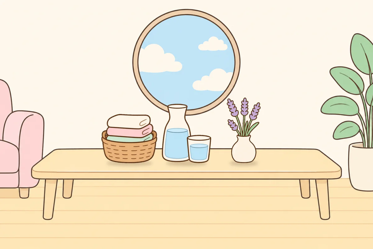 강화군 여성전용 부종 케어 안내 그림, 거실 원목 테이블 위의 수건 바구니, 물병, 라벤더 꽃병