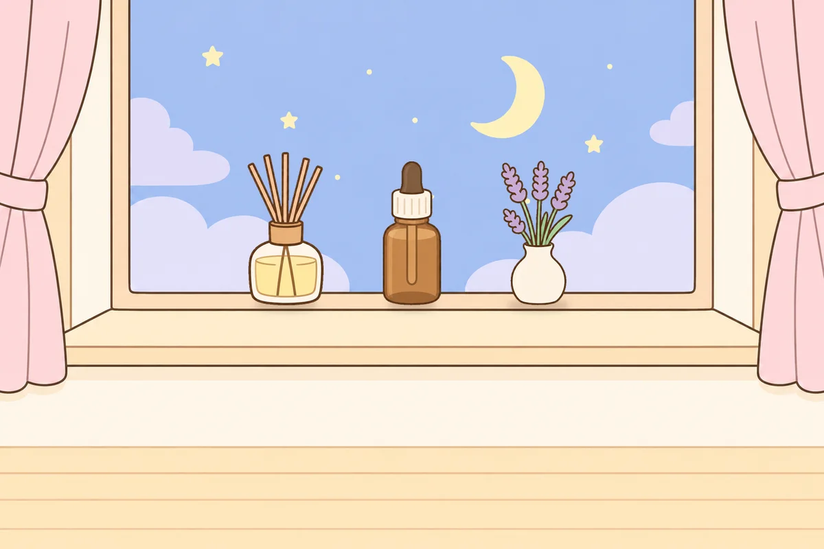 강화군 여성전용 복부 마사지 안내 그림, 밤 창가 창턱 위의 디퓨저, 오일병, 라벤더 꽃병