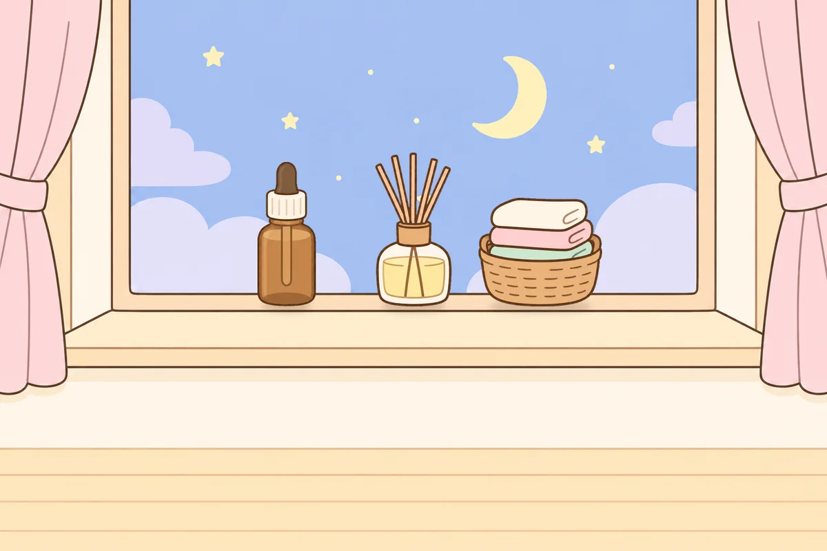 강화군 여성전용 종아리 케어 안내 그림, 밤 창가 창턱 위의 오일병, 디퓨저, 수건 바구니