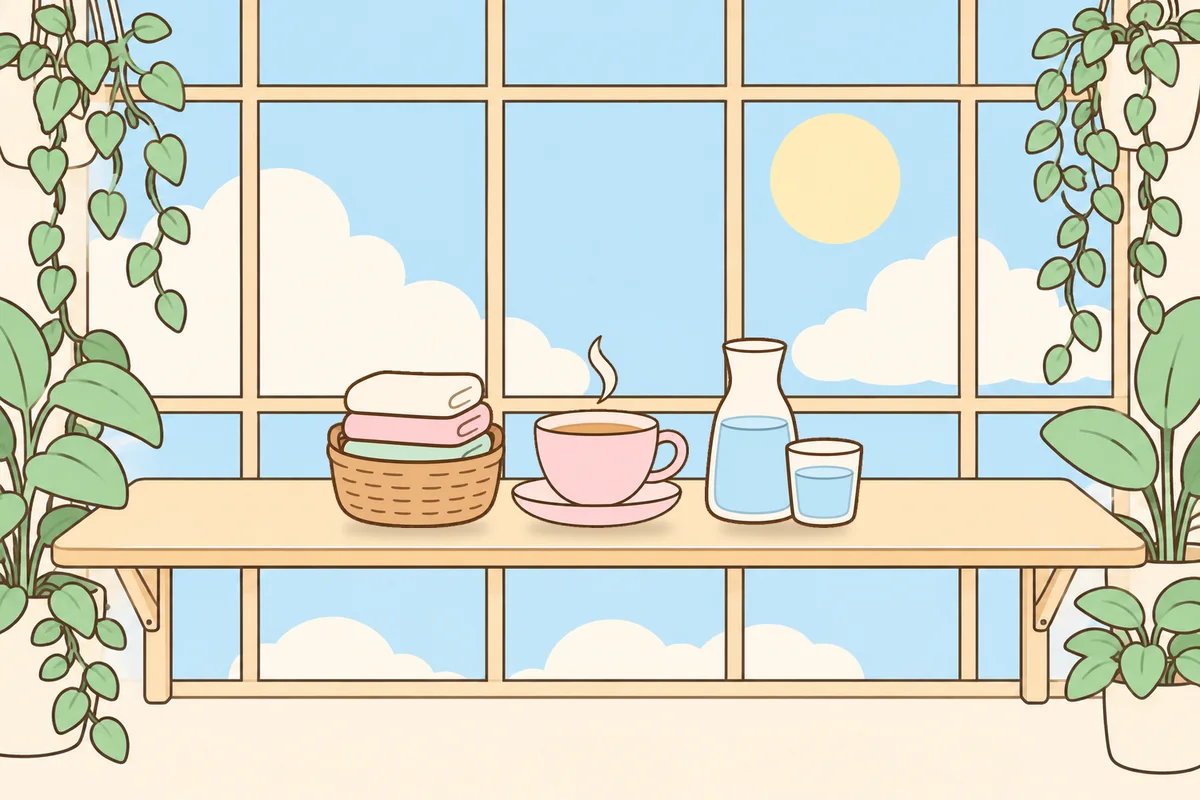 강화군 여성전용 두피 마사지 안내 그림, 햇살 드는 창가 선반 위의 수건 바구니, 찻잔, 물병