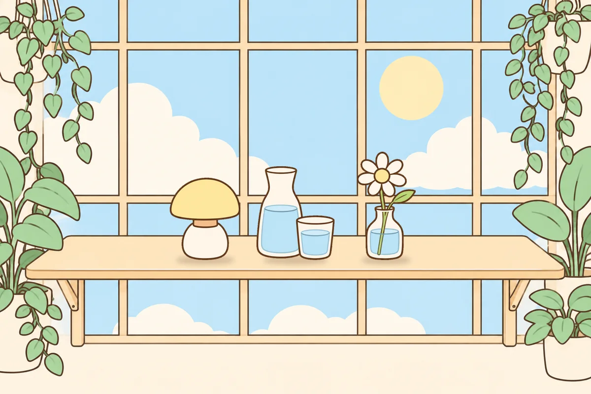 강화군 여성전용 스트레스 케어 안내 그림, 햇살 드는 창가 선반 위의 무드등, 물병, 데이지 꽃병