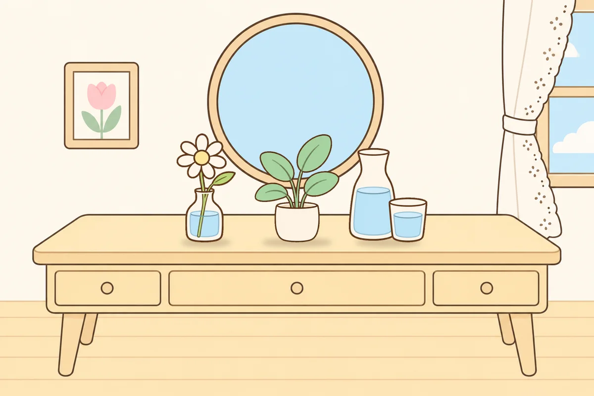 옹진군 여성전용 아로마 마사지 안내 그림, 화장대 위의 데이지 꽃병, 화분, 물병