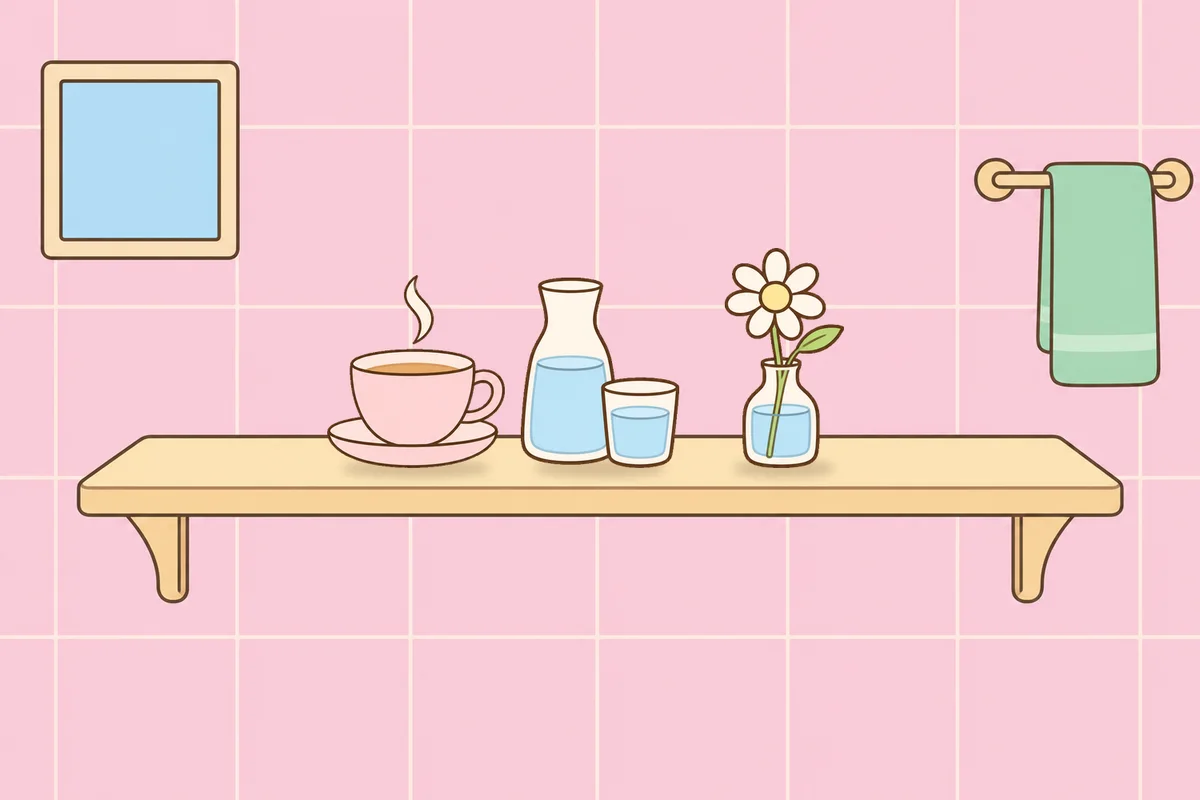 옹진군 여성전용 스웨디시 홈케어 안내 그림, 파우더룸 선반 위의 찻잔, 물병, 데이지 꽃병