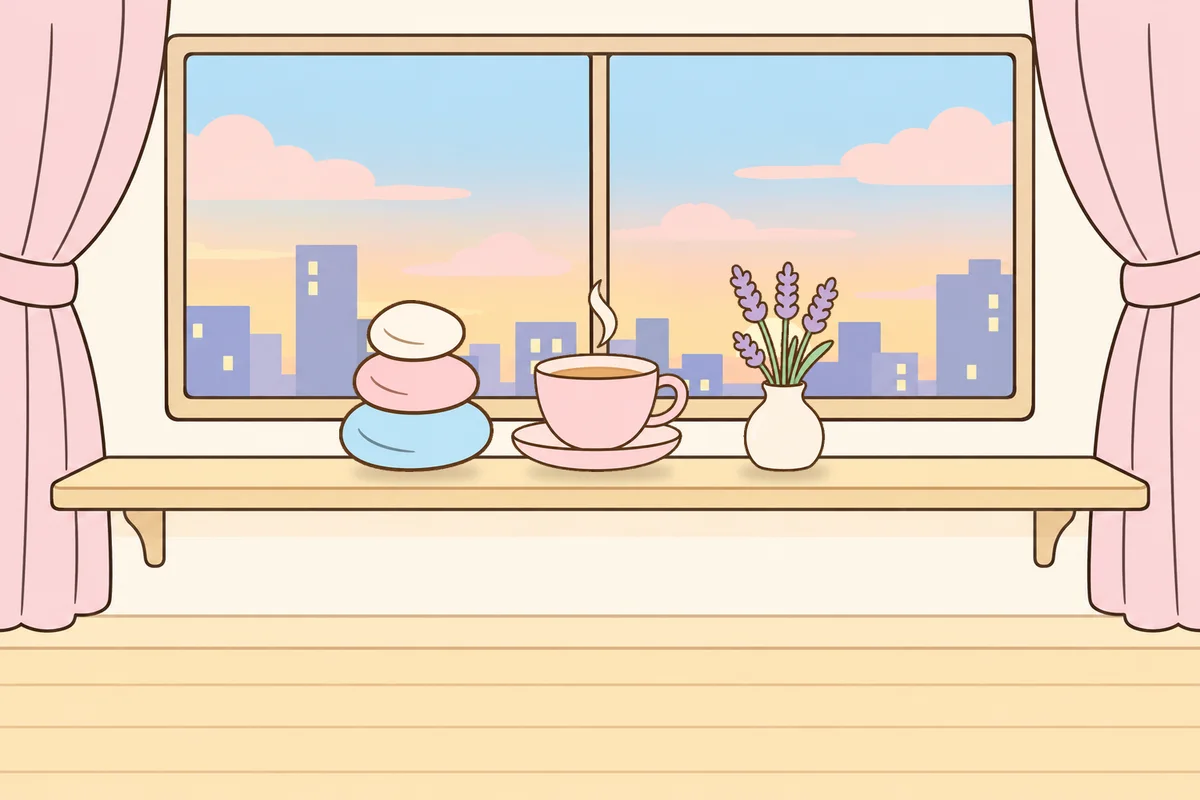 옹진군 여성전용 라벤더 아로마 안내 그림, 호텔 창가 선반 위의 조약돌, 찻잔, 라벤더 꽃병
