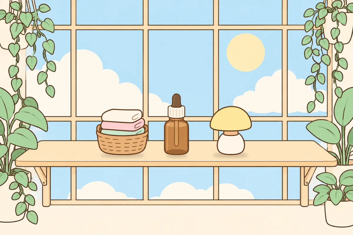 옹진군 여성전용 아로마 가격 안내 그림, 햇살 드는 창가 선반 위의 수건 바구니, 오일병, 무드등