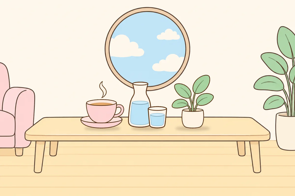 옹진군 여성전용 경락마사지 안내 그림, 거실 원목 테이블 위의 찻잔, 물병, 화분