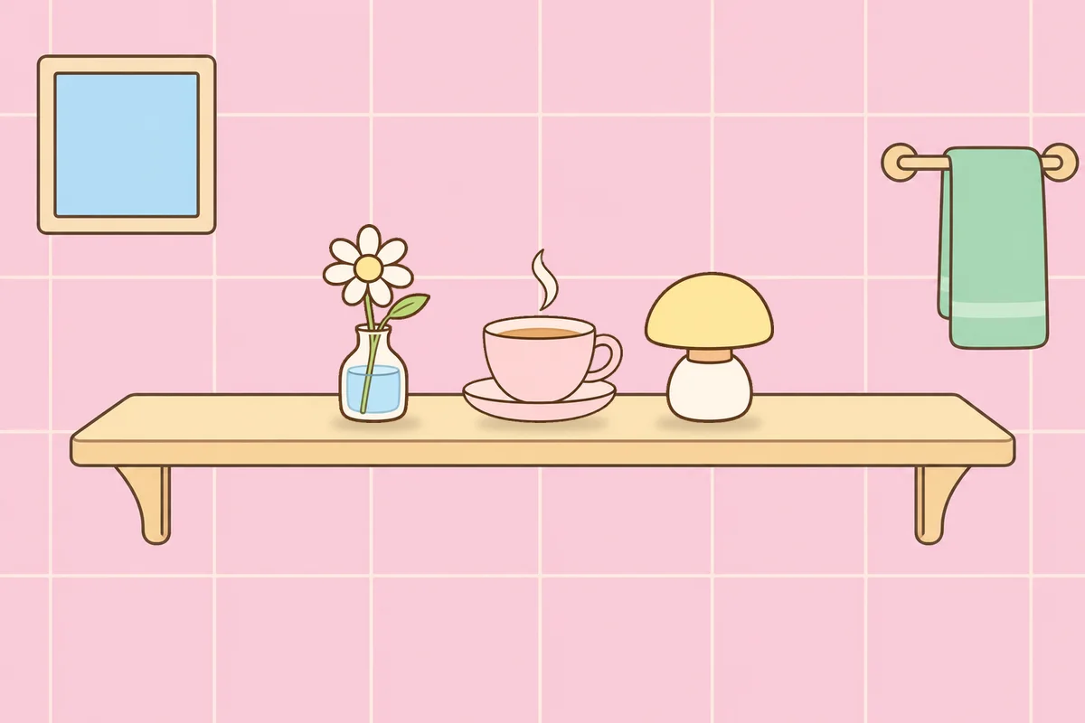 옹진군 여성전용 홈케어 서비스 안내 그림, 파우더룸 선반 위의 데이지 꽃병, 찻잔, 무드등