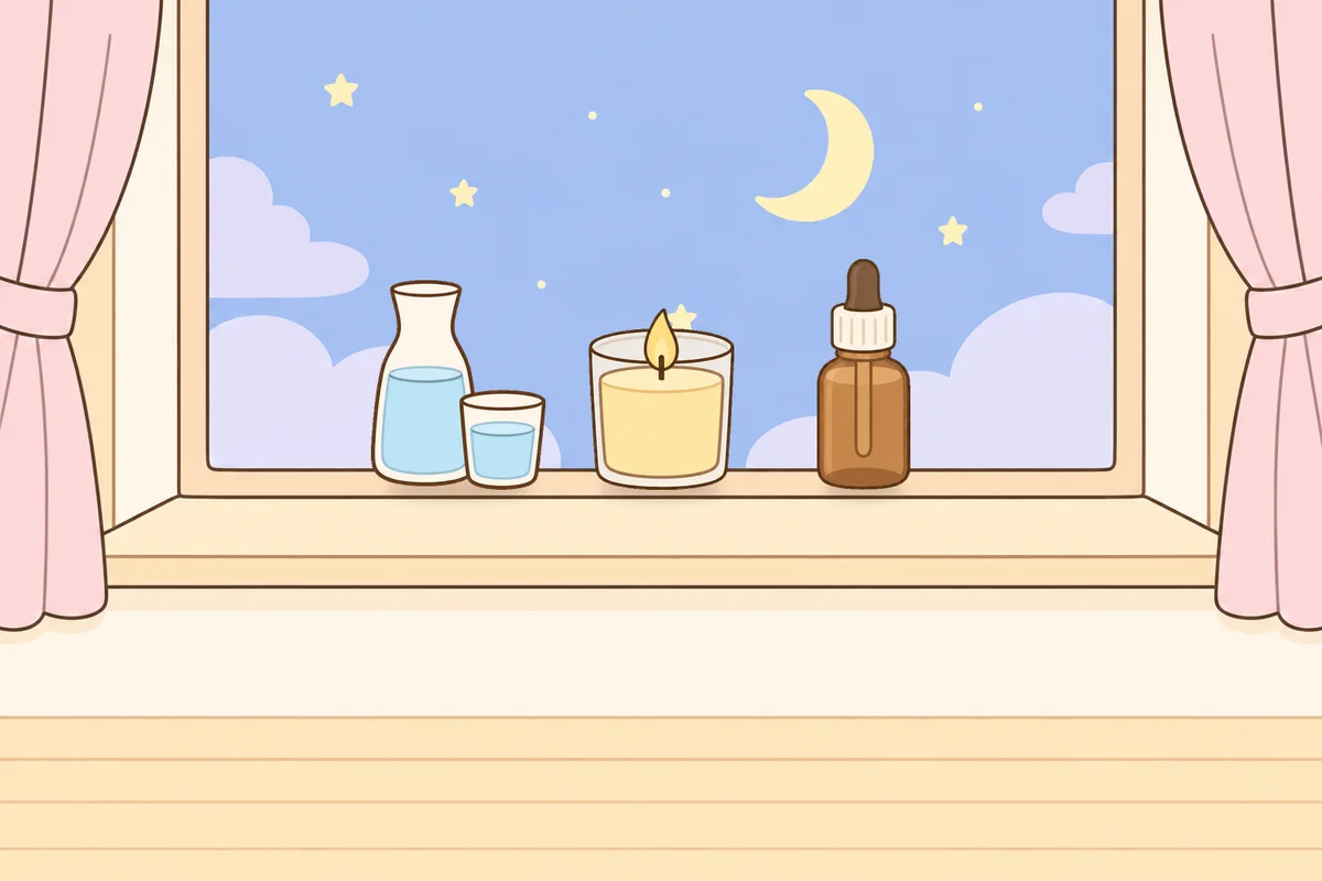 옹진군 여성전용 발관리 후기 안내 그림, 밤 창가 창턱 위의 물병, 향초, 오일병