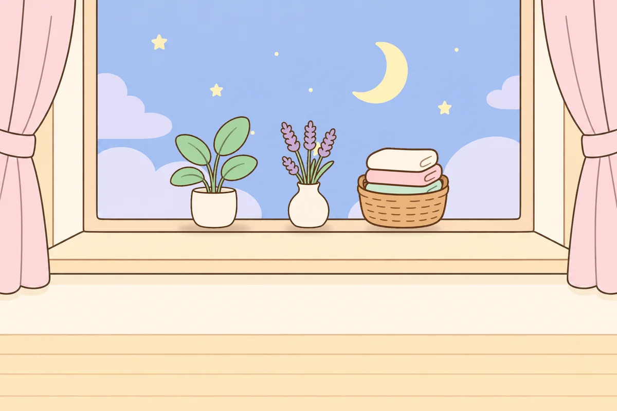 옹진군 여성전용 두피 케어 안내 그림, 밤 창가 창턱 위의 화분, 라벤더 꽃병, 수건 바구니
