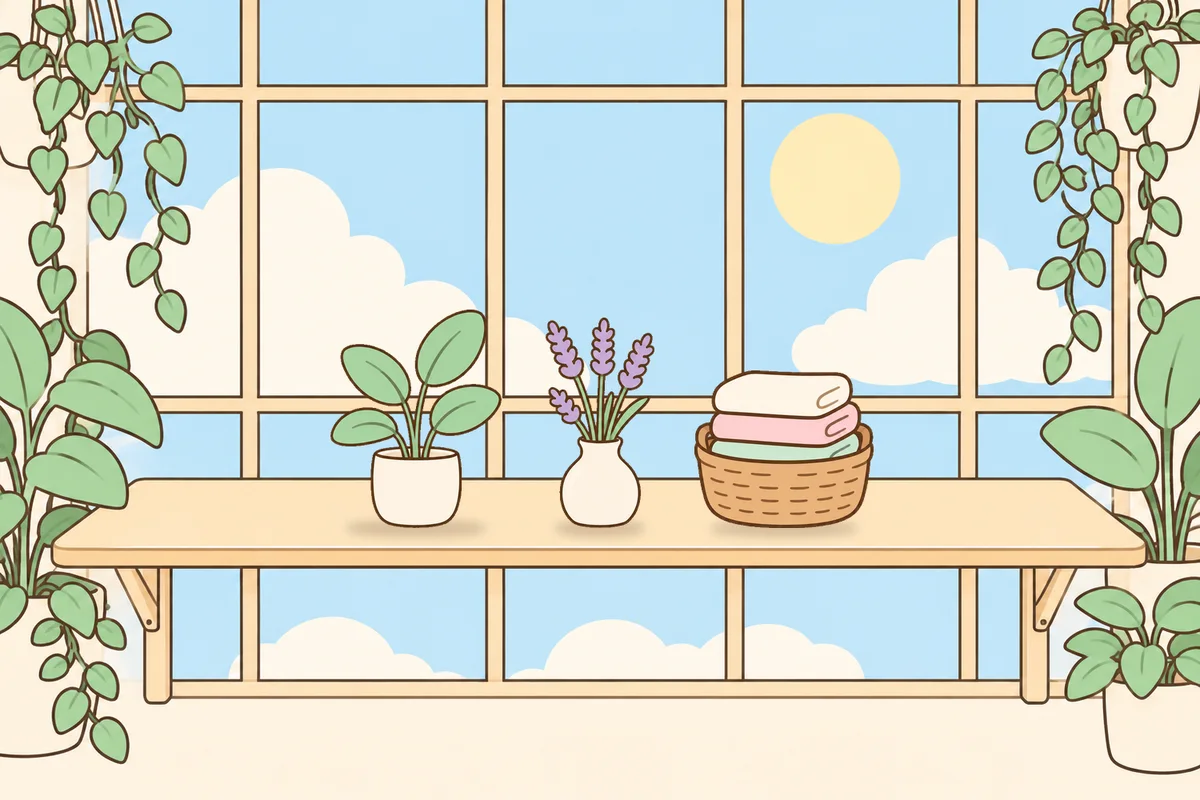 옹진군 여성전용 스트레스 케어 안내 그림, 햇살 드는 창가 선반 위의 화분, 라벤더 꽃병, 수건 바구니