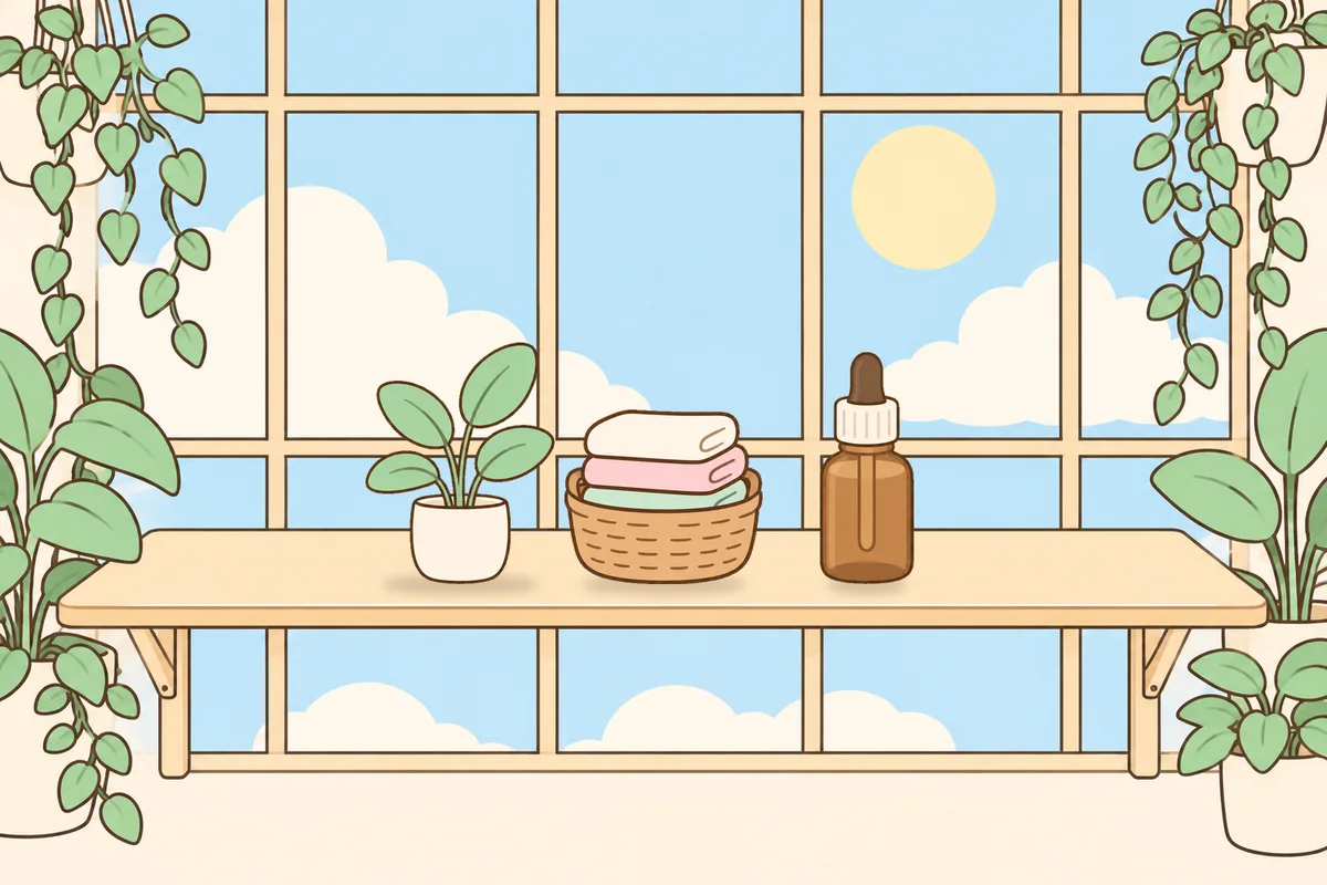 옹진군 여성전용 브라이덜 케어 안내 그림, 햇살 드는 창가 선반 위의 화분, 수건 바구니, 오일병