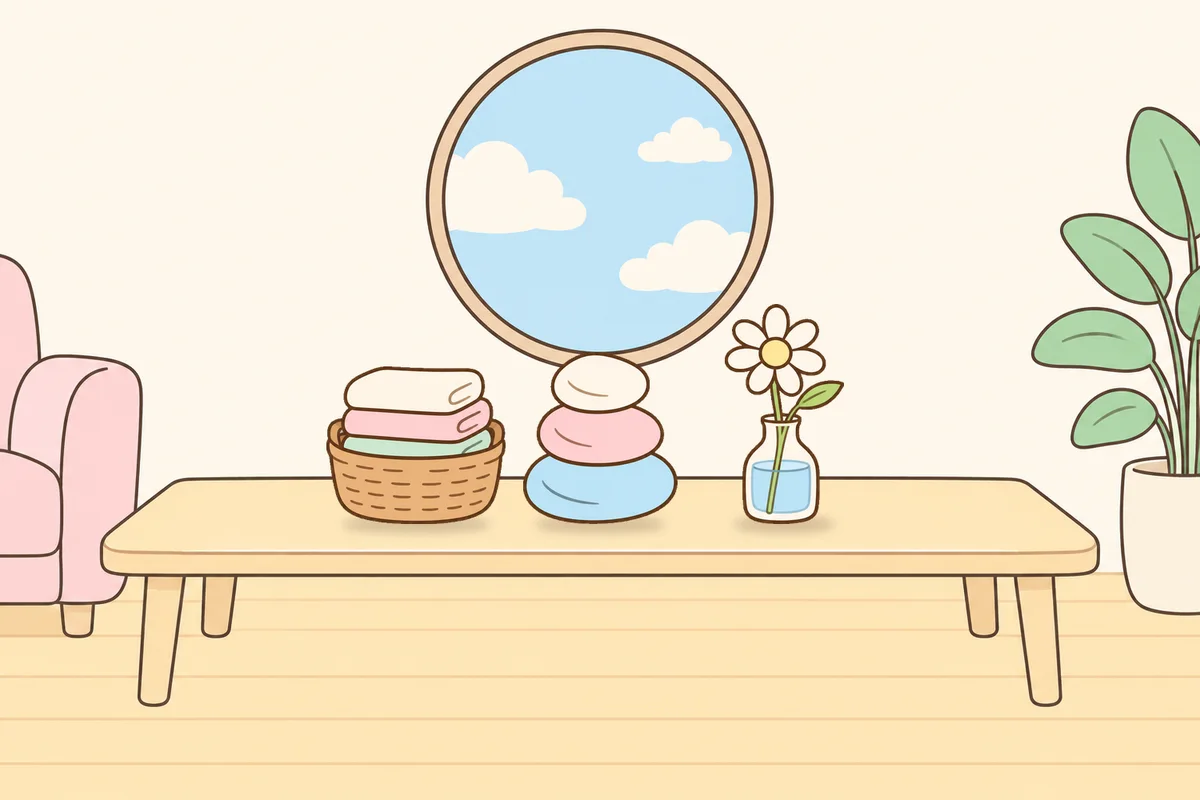 옹진군 여성전용 피부 관리 안내 그림, 거실 원목 테이블 위의 수건 바구니, 조약돌, 데이지 꽃병