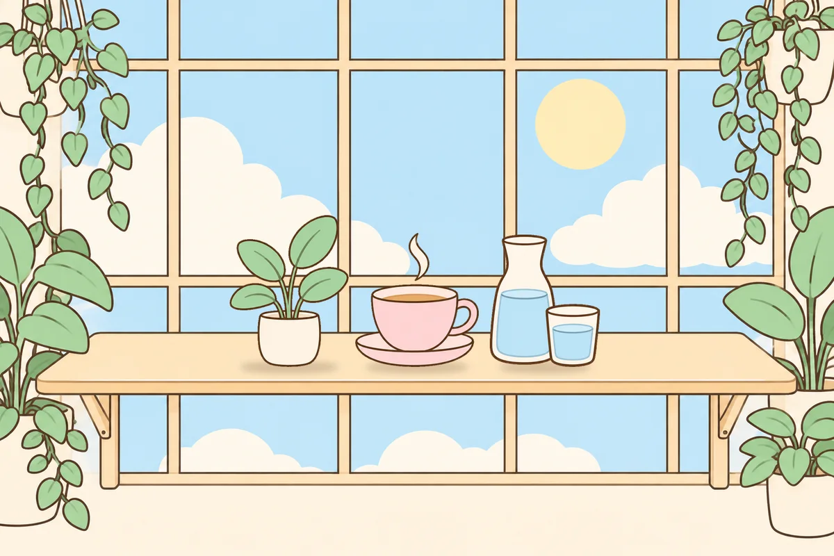 옹진군 여성전용 마사지 예약 안내 그림, 햇살 드는 창가 선반 위의 화분, 찻잔, 물병